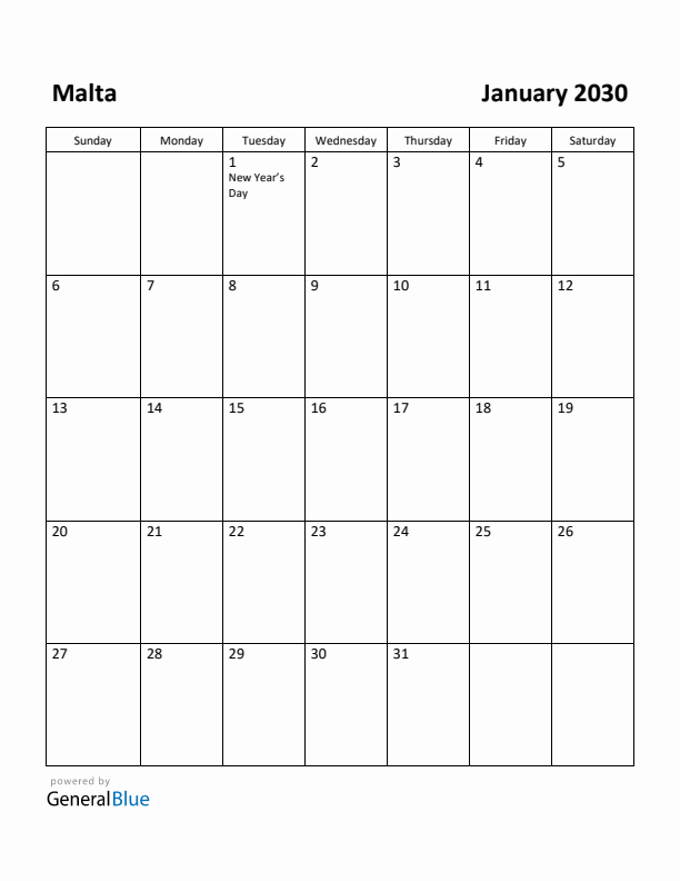 January 2030 Calendar with Malta Holidays