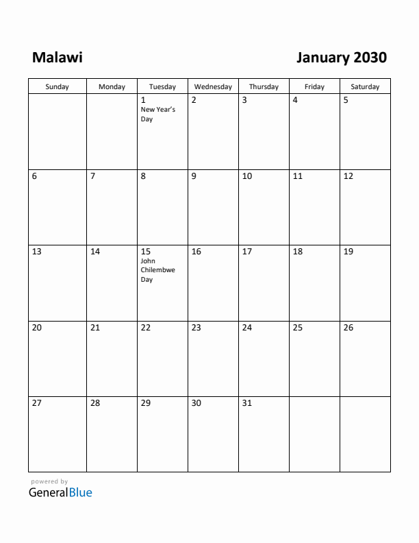 January 2030 Calendar with Malawi Holidays