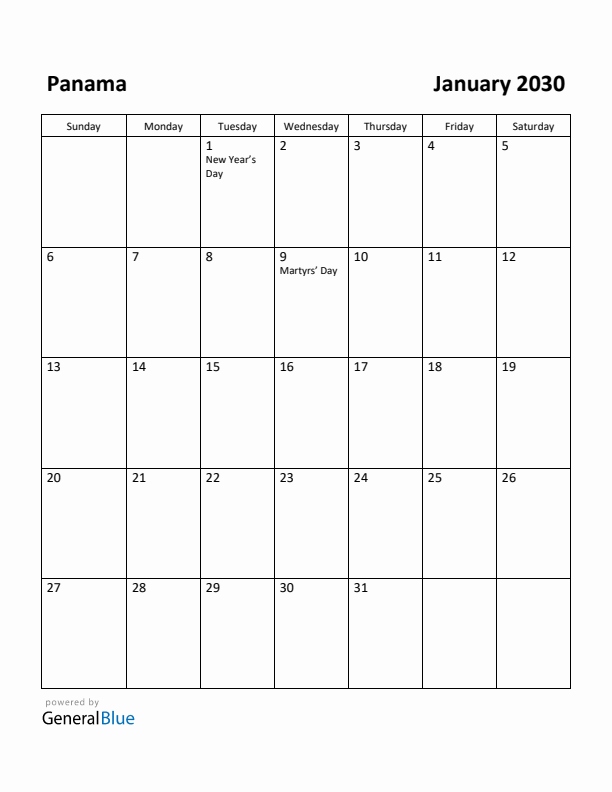 January 2030 Calendar with Panama Holidays