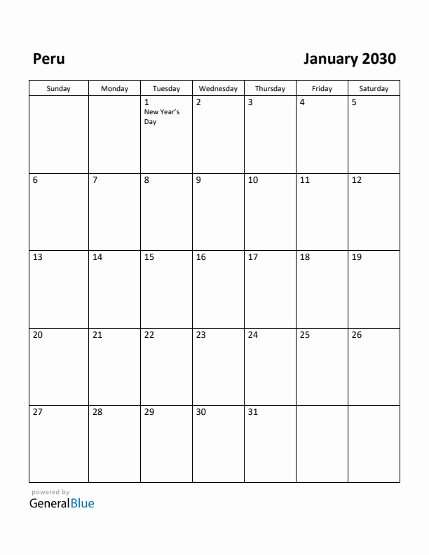 January 2030 Calendar with Peru Holidays