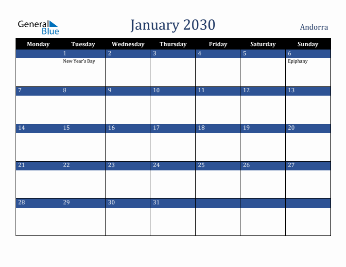 January 2030 Andorra Calendar (Monday Start)