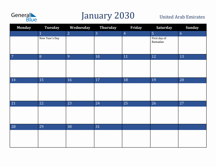 January 2030 United Arab Emirates Calendar (Monday Start)