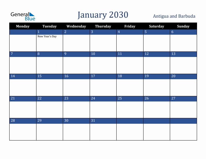 January 2030 Antigua and Barbuda Calendar (Monday Start)