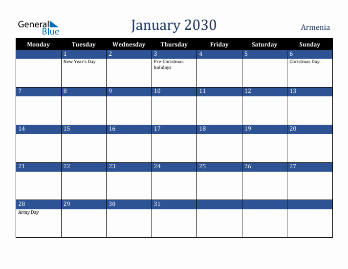 January 2030 Armenia Calendar (Monday Start)