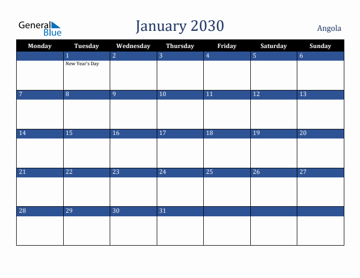 January 2030 Angola Calendar (Monday Start)