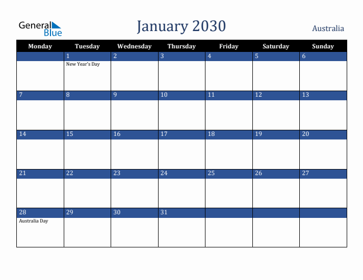 January 2030 Australia Calendar (Monday Start)