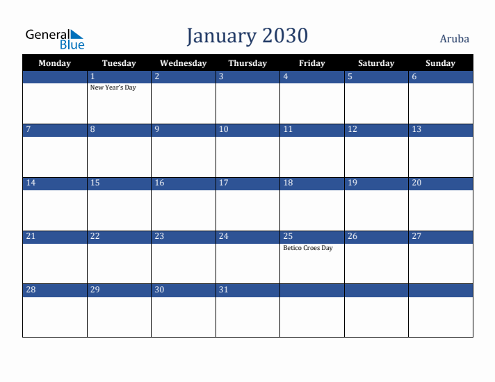 January 2030 Aruba Calendar (Monday Start)