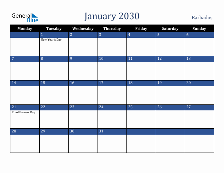 January 2030 Barbados Calendar (Monday Start)