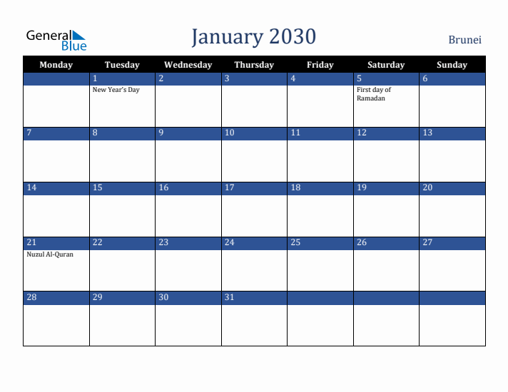 January 2030 Brunei Calendar (Monday Start)