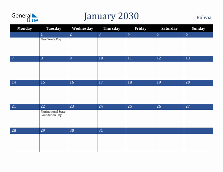 January 2030 Bolivia Calendar (Monday Start)