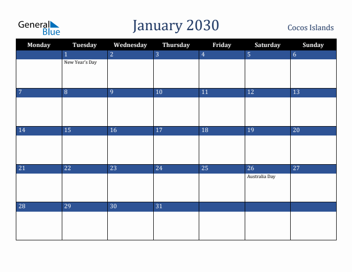 January 2030 Cocos Islands Calendar (Monday Start)