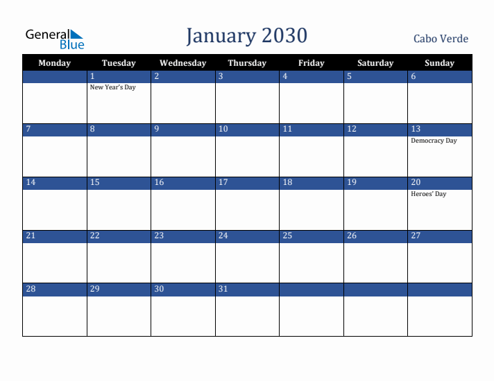 January 2030 Cabo Verde Calendar (Monday Start)