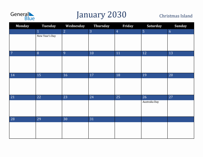 January 2030 Christmas Island Calendar (Monday Start)
