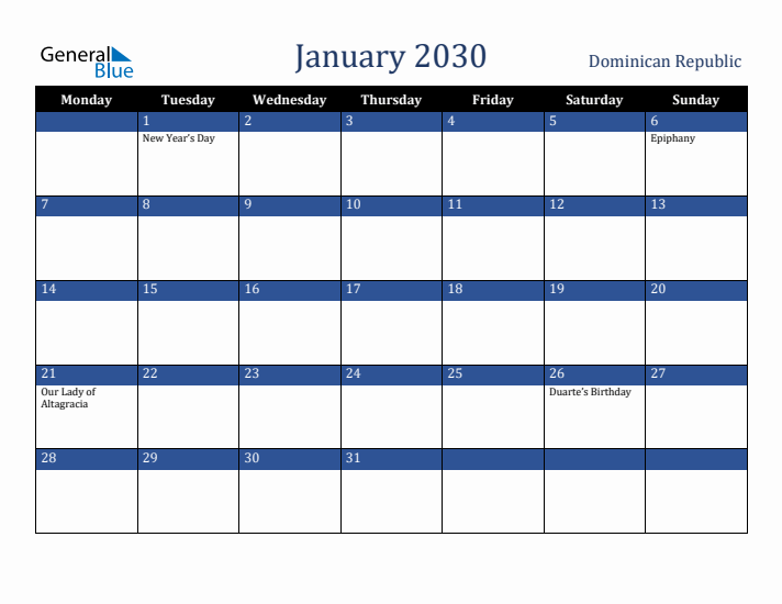 January 2030 Dominican Republic Calendar (Monday Start)