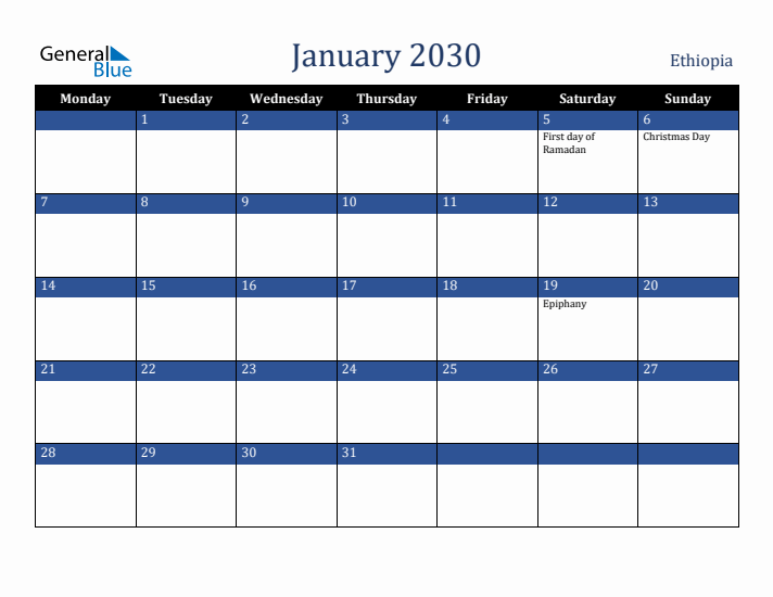 January 2030 Ethiopia Calendar (Monday Start)