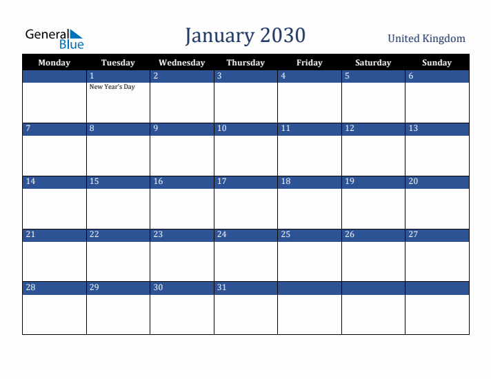 January 2030 United Kingdom Calendar (Monday Start)