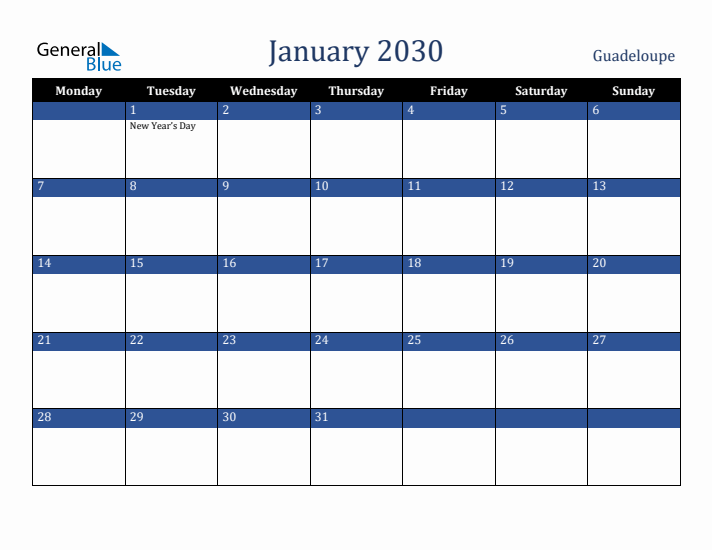January 2030 Guadeloupe Calendar (Monday Start)