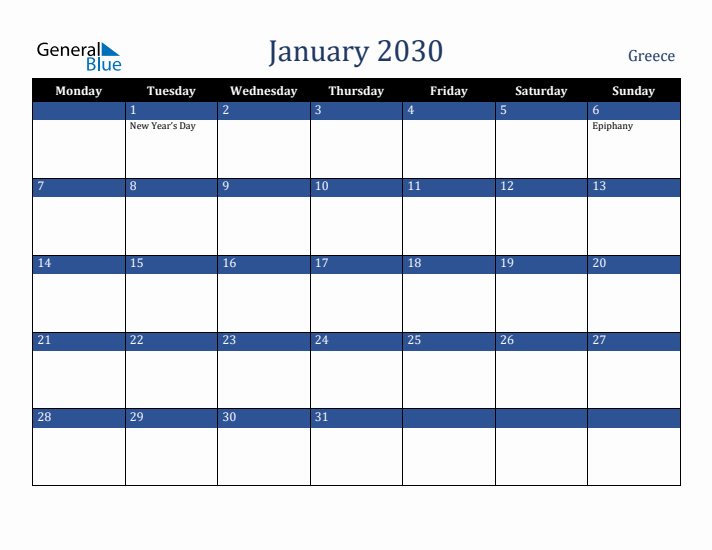 January 2030 Greece Calendar (Monday Start)