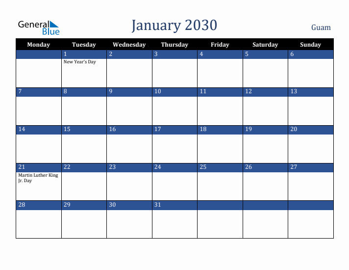 January 2030 Guam Calendar (Monday Start)