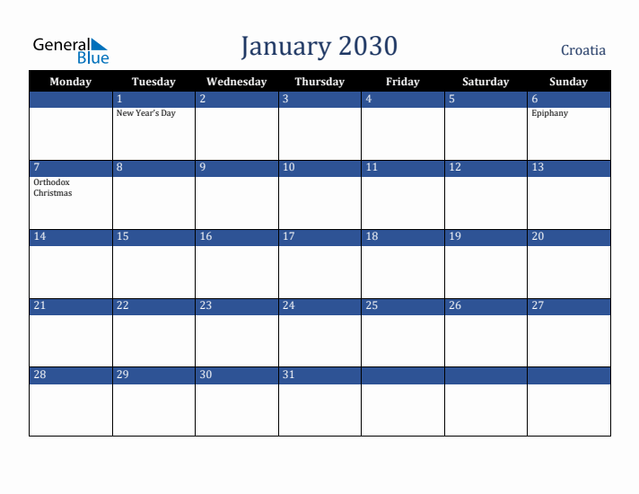 January 2030 Croatia Calendar (Monday Start)