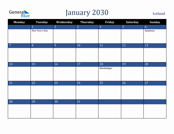 January 2030 Iceland Calendar (Monday Start)