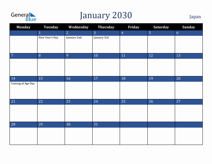 January 2030 Japan Calendar (Monday Start)