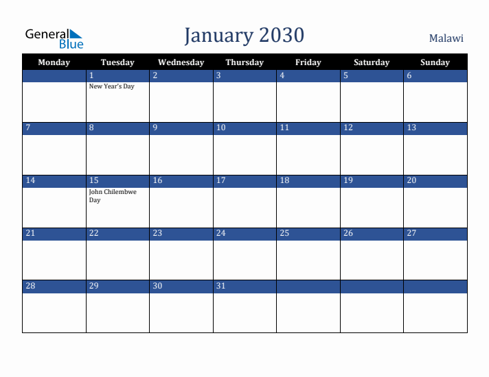 January 2030 Malawi Calendar (Monday Start)