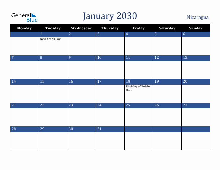 January 2030 Nicaragua Calendar (Monday Start)