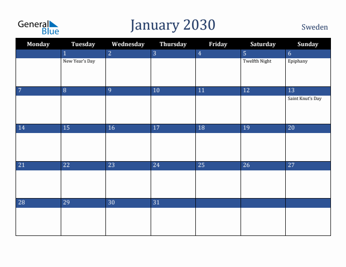 January 2030 Sweden Calendar (Monday Start)