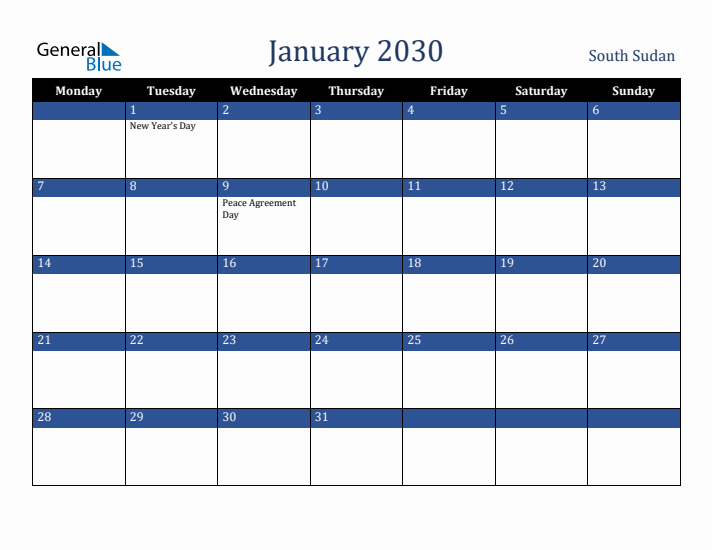 January 2030 South Sudan Calendar (Monday Start)