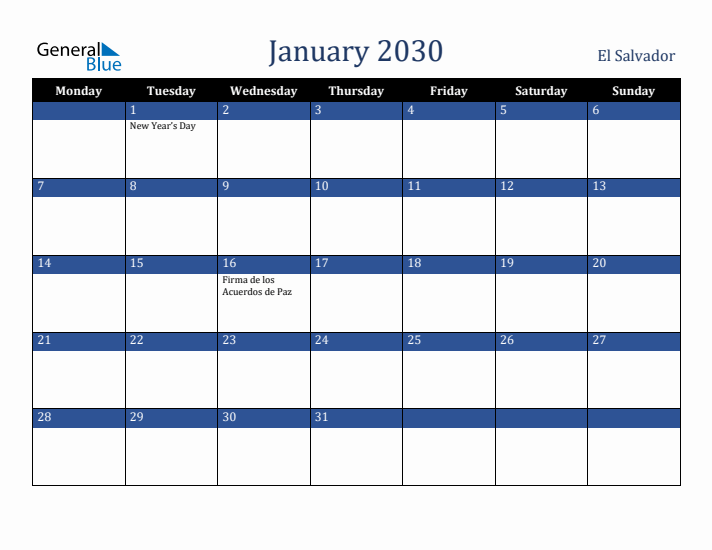 January 2030 El Salvador Calendar (Monday Start)