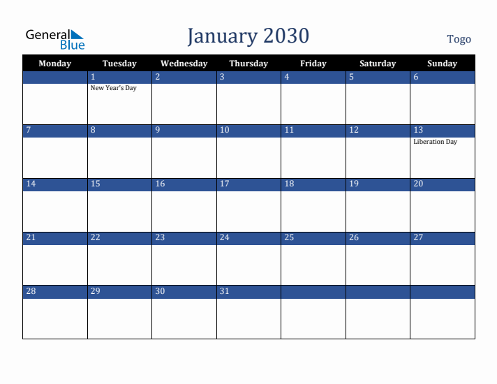 January 2030 Togo Calendar (Monday Start)