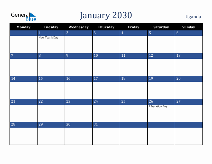 January 2030 Uganda Calendar (Monday Start)