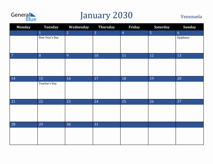 January 2030 Venezuela Calendar (Monday Start)