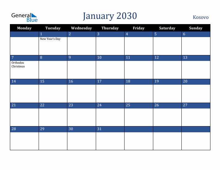 January 2030 Kosovo Calendar (Monday Start)