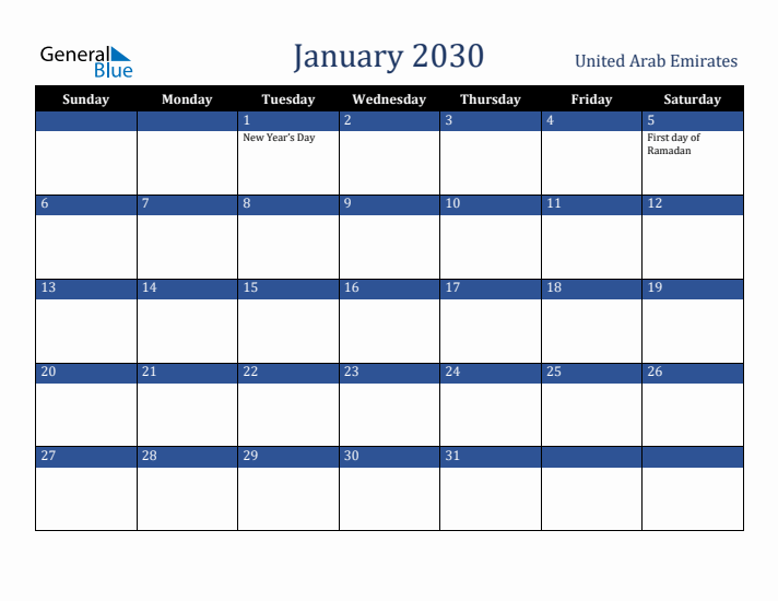 January 2030 United Arab Emirates Calendar (Sunday Start)