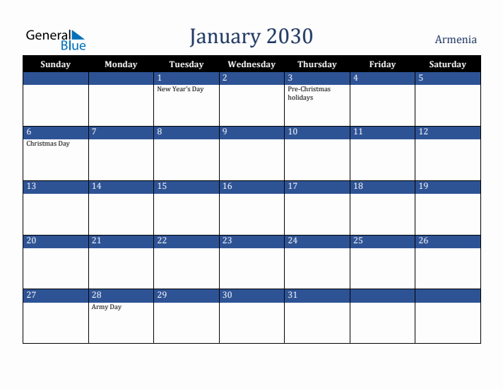 January 2030 Armenia Calendar (Sunday Start)