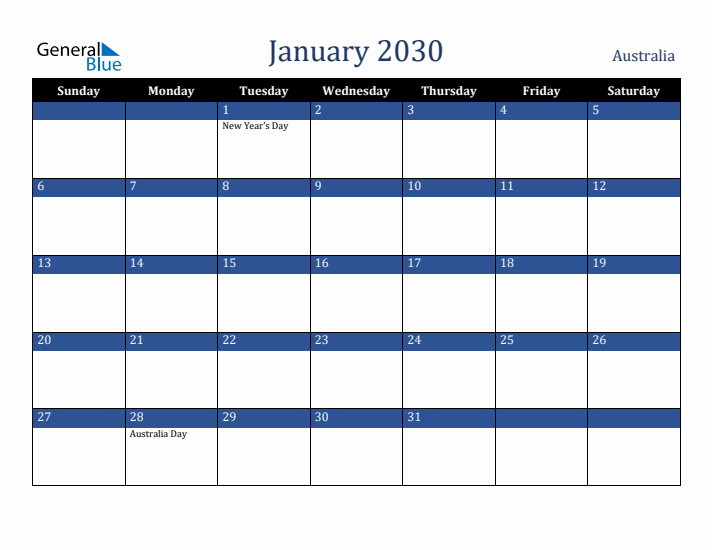 January 2030 Australia Calendar (Sunday Start)