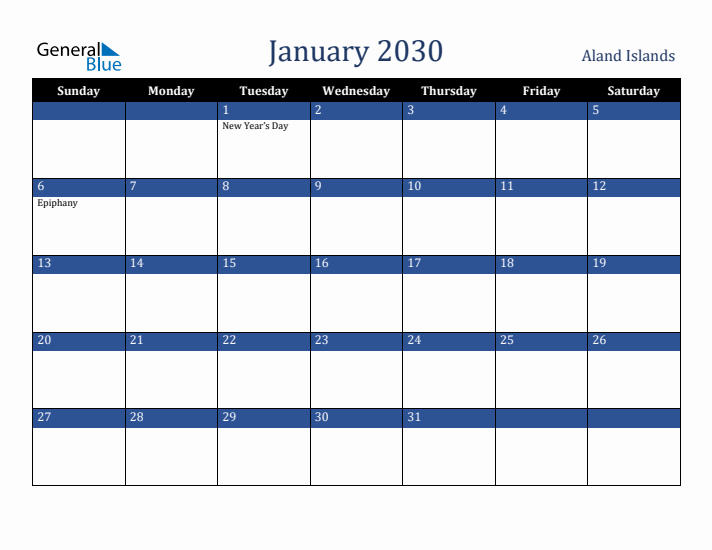 January 2030 Aland Islands Calendar (Sunday Start)