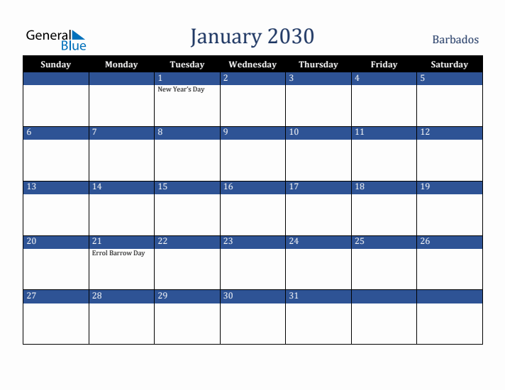 January 2030 Barbados Calendar (Sunday Start)