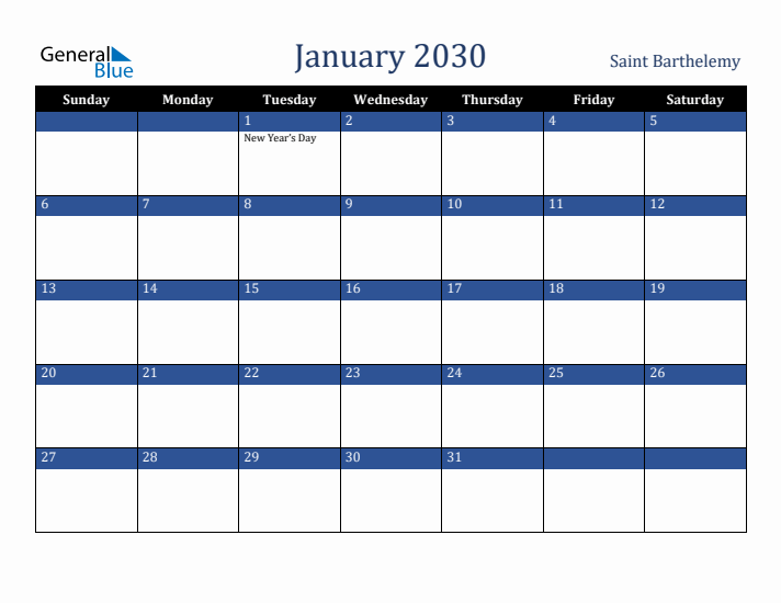 January 2030 Saint Barthelemy Calendar (Sunday Start)