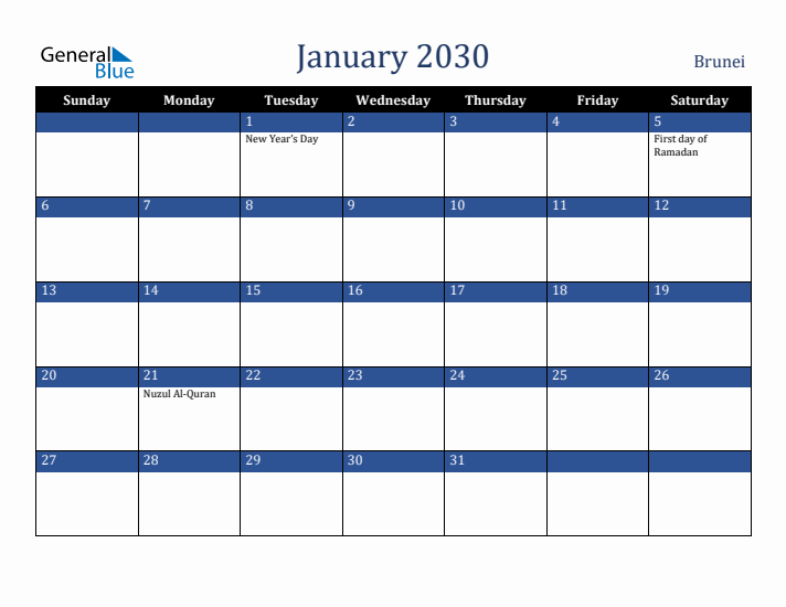 January 2030 Brunei Calendar (Sunday Start)