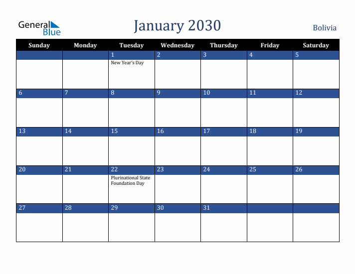 January 2030 Bolivia Calendar (Sunday Start)