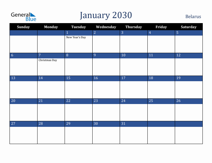January 2030 Belarus Calendar (Sunday Start)