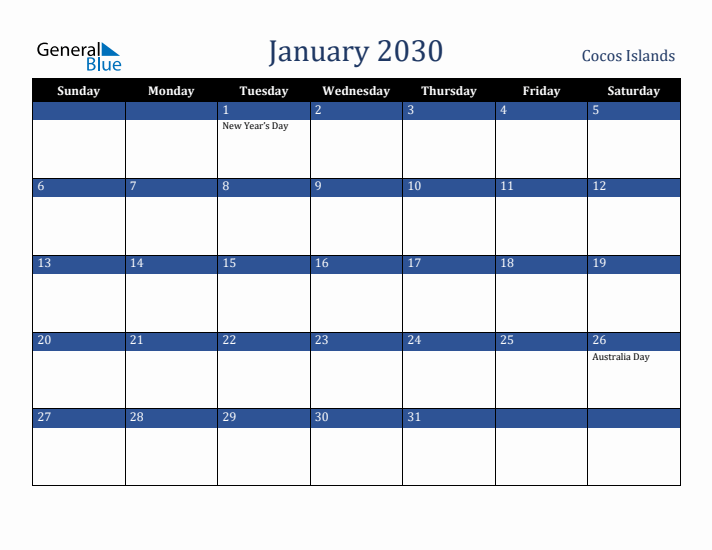 January 2030 Cocos Islands Calendar (Sunday Start)