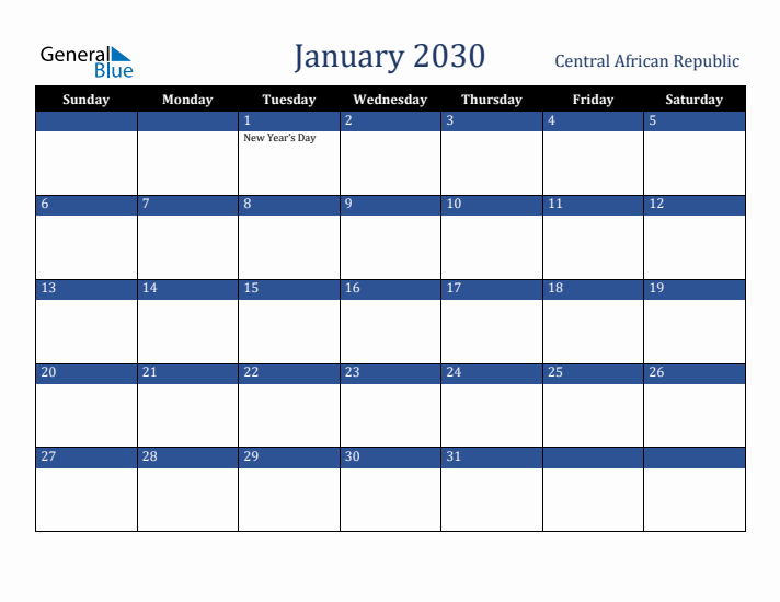 January 2030 Central African Republic Calendar (Sunday Start)