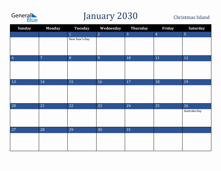 January 2030 Christmas Island Calendar (Sunday Start)
