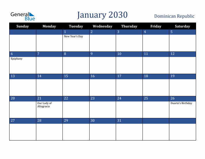 January 2030 Dominican Republic Calendar (Sunday Start)
