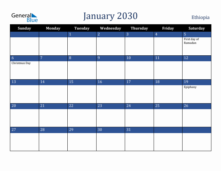 January 2030 Ethiopia Calendar (Sunday Start)