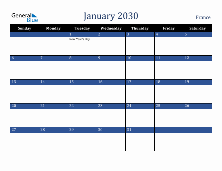 January 2030 France Calendar (Sunday Start)